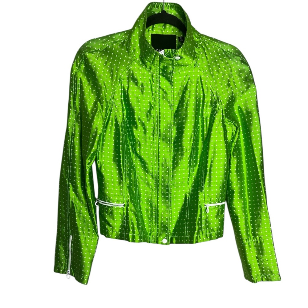 Carlisle 100% Silk Marsh Zip Front Cropped Lime Green Polka Dot Jacket, Size 2
